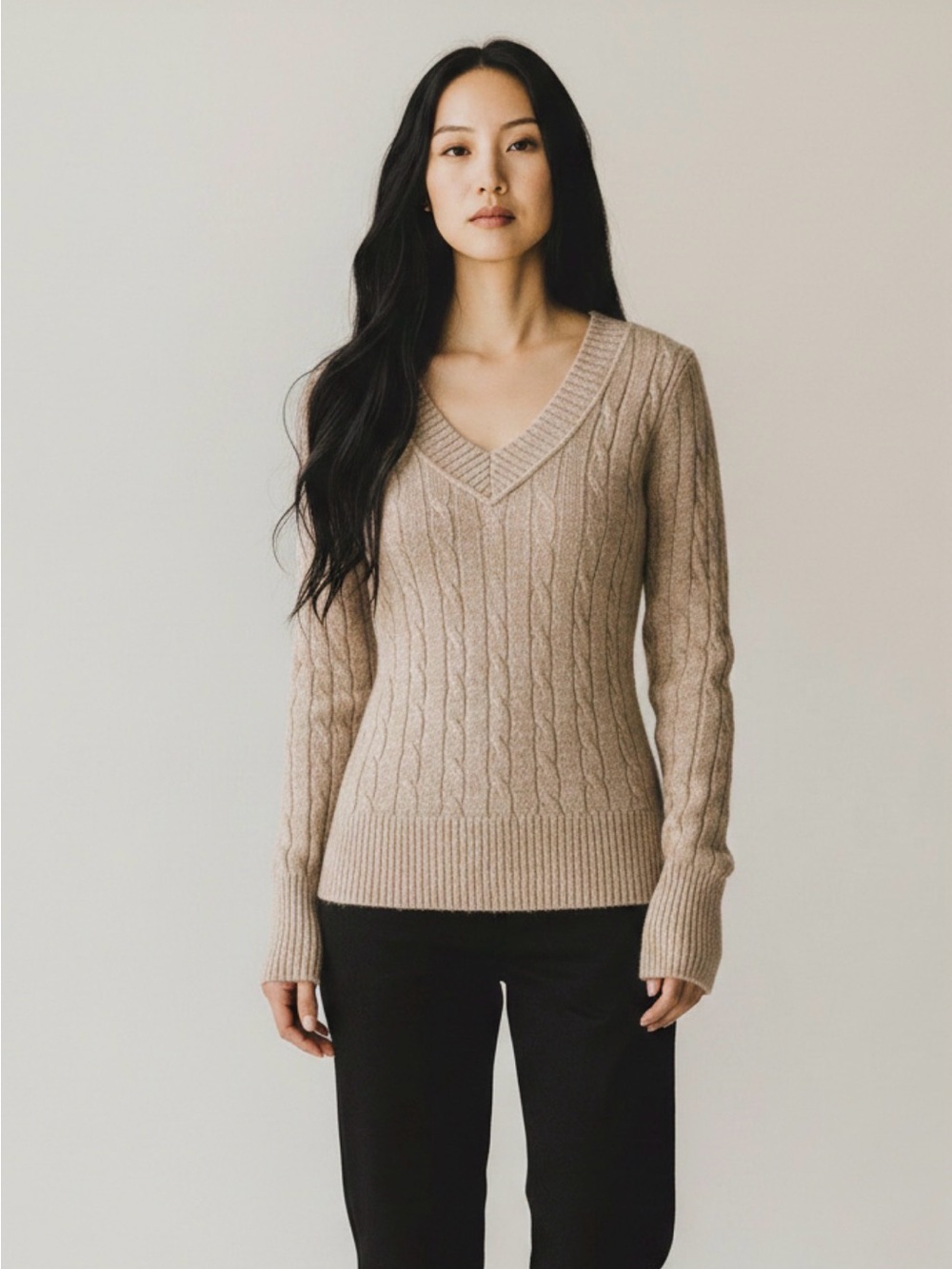 Ann Taylor Loft Shimmer Threaded V-Neck Cable Knit Sweater in Beige- Women’s S